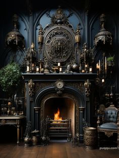 an ornate fireplace in a dark room with candles