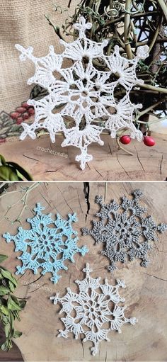 three snowflakes are sitting on top of a piece of wood with the words winterland written in white