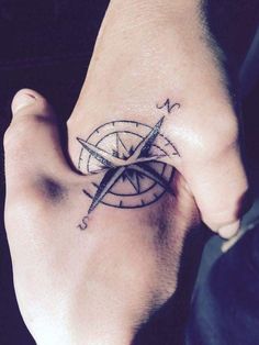 a hand with a compass tattoo on it