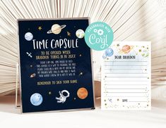 a space themed time capsule card and notepad