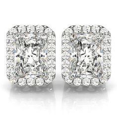 Emerald Cut Diamond Halo Earrings 14k White Gold (2.42ct) Diamond Halo Earrings, Clear Crystal Earrings, Halo Diamond Earrings, Clear Earrings, Cvd Diamond, Halo Earrings, Emerald Cut Diamond, Radiant Cut Diamond, White Gold Jewelry