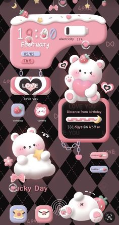 a pink and black checkered wallpaper with teddy bears on it's side