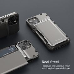 the back and side view of an iphone case with metal armor on it's sides