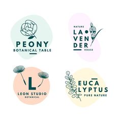 four logos for flower shop, including one with flowers and the other with leaves on it