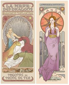 two tarot cards from the game of thrones, one with a woman on it