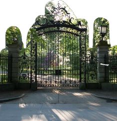 an iron gate in the middle of a driveway with trees and bushes on either side