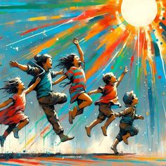 a painting of children jumping in the air