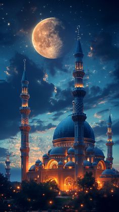 an image of a mosque at night with the moon in the sky