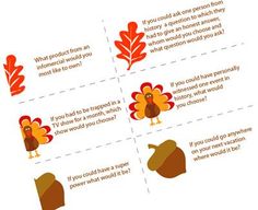 four different thanksgiving cards with turkeys and leaves in the middle one has an explanation on what to say