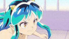 an anime character with blue hair and green eyes