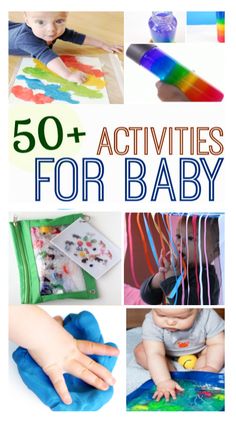 the words 50 + activities for baby are shown in this collage with images of toys and