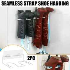 two pairs of shoes hanging on the wall with hooks and shoelaces attached to it