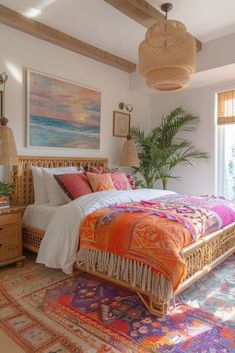 a bedroom with a large bed and colorful rugs on the floor, along with wicker furniture