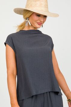 Crinkle Mock Neck Top, Charcoal Off Shoulder Jacket, Athleisure Accessories, Mock Neck Top, Comfy Tops, Mock Neckline, Blazer Dress, Spandex Fabric, Black Maxi Dress, Mock Neck