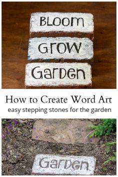 the words grow garden written on bricks are shown in three different ways, including how to create word art