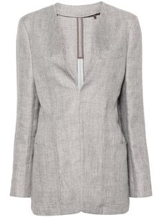 medium grey wool blend interwoven design collarless V-neck long sleeves with buttoned cuffs chest welt pocket dart detailing two side patch pockets English rear vents unlined straight hem concealed rear zip fastening Blazer Beige, City Dress, Knit Blazer, Summer Beach Wear, White Blazer, Grey Women, Wool Blazer, Black Blazers, Blazers For Women