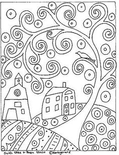 an adult coloring page with houses and swirly trees in the background, on top of a hill