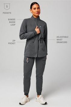 Evoke Cargo Jacket Fabletics Onyx female Activewear >> Scrubs >> Tops >> Product Feed MotionTech regular 4-Way Stretch/Breathable/Lightweight Feel Female Activewear, Cargo Jacket, Fine Yarn, Scrub Tops, Range Of Motion, Active Wear For Women, Scrubs, Onyx, Perfect Fit