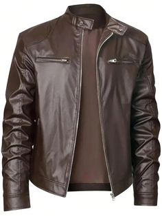 Men's Vintage Punk Motorcycle Faux Leather Jacket Light Business Casual Leather Coat, Autumn Brown Street  Long Sleeve Polyurethane Plain  Non-Stretch  Men Uniforms & Special Clothing, size features are:Bust: ,Length: ,Sleeve Length: Mens Spring Jackets, Men Streetwear Fashion, Leather Jacket Zipper, Mens Leather Coats, Mens Leather Clothing, Motorcycle Men, Leather Clothing, Zippered Cardigan