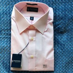 Mens Dress Shirt Stafford Essentials 16 1/2 32-33 Regular Fit Baby Pink New With Tags Cotton Blend Broad Cloth 55% Cotton 45% Polyester Pink Semi-formal Dress Shirt For Spring, Business Short Sleeve Shirt For Spring, Classic Short Sleeve Dress Shirt For Spring, Pink Business Dress Shirt For Spring, Spring Business Pink Dress Shirt, Pink Dress Shirt For Summer Workwear, Summer Pink Dress Shirt For Work, Pink Summer Workwear Dress Shirt, Pink Summer Dress Shirt For Work