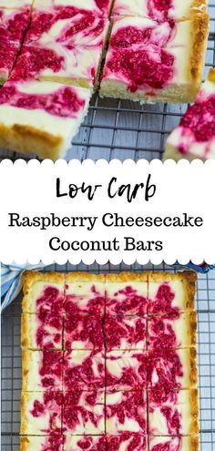 low carb raspberry cheesecake coconut bars on a cooling rack with text overlay