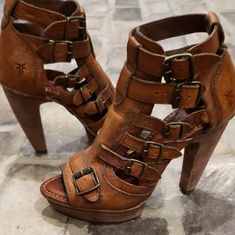 Leather Buckle Heels Buckle Heels, Buckled Heels, Leather Block Heels, Frye Shoes, Leather Buckle, Shoes Women Heels, Block Heels, Open Toe, Brown Leather