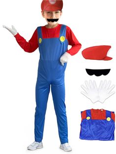 a man in a mario costume is standing with his hands out to the side and other items surrounding him