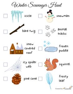 winter scavenger printables for kids to practice writing and spelling their words