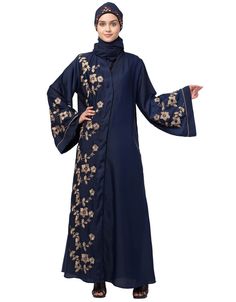 Chic Right side and both sleeve Resham Embroidery Front open Abaya Navy Blue Flared, Modest, Nida, Partywear, Navy Blue, Gold, Abayas, XS, S, M, L, XL, 2XL, 3XL, 4XL, 5XL, 6XL, 7XL:Arabic Attire Long Sleeve Abaya With Intricate Embroidery For Eid, Eid Long Sleeve Abaya With Intricate Embroidery, Embroidered Blue Long Sleeve Abaya, Traditional Kaftan With Embroidered Sleeves For Eid, Long Sleeve Blue Abaya With Floral Embroidery, Festive Long Thobe With Floral Embroidery, Blue Long Abaya With Dabka Work, Long Abaya With Embroidered Border For Eid, Blue Embroidered Long Abaya