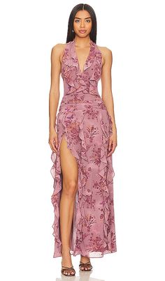 Find NBD Divya Maxi Dress In Mauve on Editorialist. NBD Divya Maxi Dress in Mauve. - size L (also in M, XL) NBD Divya Maxi Dress in Mauve. - size L (also in M, XL) So beautiful and effortlessly femme, the NBD Divya Maxi Dress in Mauve Floral is featured in a timeless A-line silhouette and halter style with a floral print design and dangling ruffled trims. This maxi can be paired with sleek kitten heels or chunky boots for any occasion.. 100% polyester. Made in China. Hand wash. Fully lined. Hidd Halter Ruffle Dress, Dress Code Wedding, Gown Inspiration, Floral Print Design, Mauve Dress, Red Dress Maxi, Summer Inspo, Guest Dress, Elegant Dresses Long