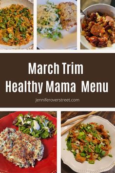 the cover of march trim healthy mama menu, with pictures of different foods and vegetables