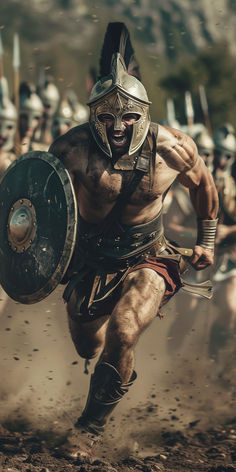 a man dressed in roman armor is running through the dirt with other men behind him