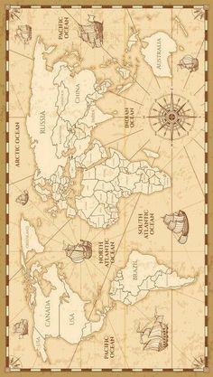 an old world map with ships and other things on it's edges in sepia