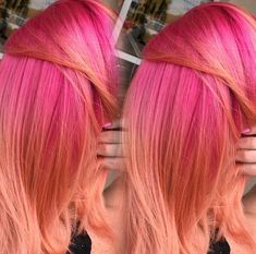 Pink Peach Hair, Orange Hair Dye, Hair Melt, Color Melting Hair, Peach Hair Colors, Coral Hair, Hair Color Orange