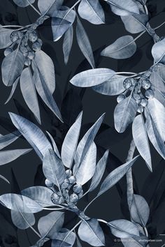 watercolor painting of leaves and berries on a black background with blue hued colors