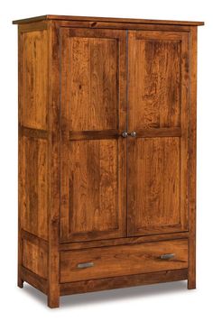 a wooden armoire with two doors and drawers