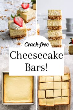 4 photos of cheesecake bars: first photo shows sliced bars in parchment paper, second photo shows sliced bars stacked, third photo shows baked cheesecake in pan, fourth photo shows sliced cheesecake on cutting board Classic Cheesecake Bars, Cheesecake For A Crowd Parties, Cheesecake Squares Recipes Easy, Publix Cheesecake Recipe, Square Cheesecake Bites, Baked Cheesecake Bars, Sheet Pan Cheesecake Recipes, 13 X 9 Cheesecake Recipes, Cheesecake Sheet Cake