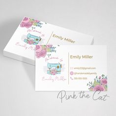 two business cards with pink flowers and an image of a camera on the bottom one