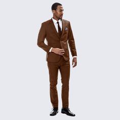 Mens light brown skinny fit three piece suit with notch lapel. This slim cut suit is made of a luxurious rayon viscose/ dacron blend fabric that looks and feels like super 100 wool. Ideal for weddings, proms, or any other formal event. Brown Slim Fit Suit With Suit Collar, Brown Slim Fit Three-piece Suit With Suit Collar, Brown Slim Fit Three-piece Suit, Brown Wedding Tuxedo In Suiting Fabric, Tailored Brown Suit For Groom, Brown Tuxedo Suit For Groom, Fitted Brown Suits For Formal Occasions, Brown Notch Lapel Suit For Groom, Brown Fitted Formal Suits