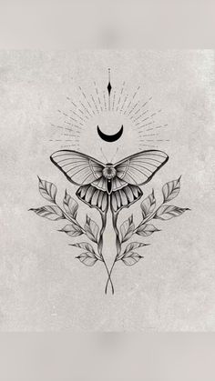 a moth sitting on top of a plant next to a crescent and star tattoo design