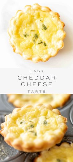 an easy cheddar cheese tarts recipe is shown in the middle and bottom