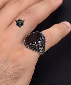 "Onyx Gemstone Silver Ring, Turkish Handmade Silver Men Ring, 925 Sterling Silver Ring, Gift for Boyfriend ✦ Details ✦ * Material: 925 Sterling Silver * Gemstone: Onyx * Weight: 10.50 grams * The size of the stone: 15x20 mm. * Sides oxidized, decorated with Micro Zircon stones. * Stamp: 925 * Available sizes; 5 US to 16 US. Contact me if you need any other size! ✦ Shipping ✦ * Processing time: 1-3 business days. * This item ships from my Turkish workshop in Istanbul. * Add your phone number in address box for a smoother delivery. That makes courier personnel's job easier.  ✦ Packaging ✦ * Comes with a luxury gift box and a jewellery cleaning cloth. ✦ Returns, Exchanges ✦ * Return option available for 30 days after the delivery. * The product has to be in the same shape, type, and material. Round Signet Ring With Stone Setting As Gift, Sterling Silver Signet Ring With Stone Setting, Sterling Silver Signet Ring With Stone Setting As Gift, Sterling Silver Signet Ring With Gemstone For Gift, Oval Sterling Silver Signet Ring With Stone Setting, Silver Engraved Ring With Stone Setting As A Gift, Silver Engraved Ring With Stone Setting For Gift, Silver Men Ring, Chemical Reactions