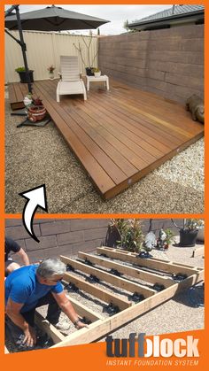 an image of a wooden deck being built in the back yard with text overlay that reads, how to build a wood deck