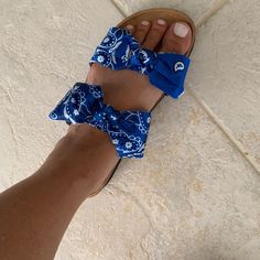 Blue Double Bandanna Sandals Casual Blue Sandals For Summer, Blue Bohemian Sandals For Vacation, Bohemian Blue Sandals For Summer, Bohemian Blue Sandals For Vacation, Blue Sandals For Beach Vacation, Blue Flat Sandals For Beach Season, Blue Flat Sandals For Summer, Blue Sandals For Summer Vacation, Blue Summer Sandals For Vacation