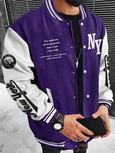 Men Slogan Graphic Two Tone Varsity Jacket Purple Casual  Long Sleeve Knitted Fabric Colorblock,Letter Varsity Slight Stretch  Men Clothing, size features are:Bust: ,Length: ,Sleeve Length: Purple Jacket Outfit Men, Black And Purple Outfit, Varsity Jacket Outfit Mens, Hoddies Outfits Men, Purple Varsity Jacket, Collage Jacket, Hoddies Outfits, Varsity Jacket Outfit, Baseball Jacket Men