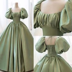 Green Long Prom Dress, Old Fashion Dresses, Pretty Prom Dresses, Fairytale Dress, Fantasy Dress, Puffy Sleeves, Dress Formal, Long Prom Dress, Evening Dresses Prom