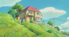 a painting of a house on top of a green hill with power lines above it