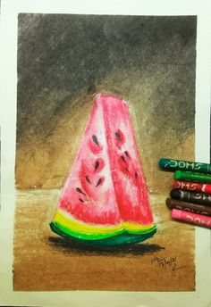 a drawing of a watermelon slice and crayons