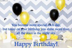 a birthday card with balloons and confetti on the table in front of a chevron background