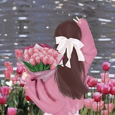 a painting of a girl holding a bouquet of flowers in front of a body of water